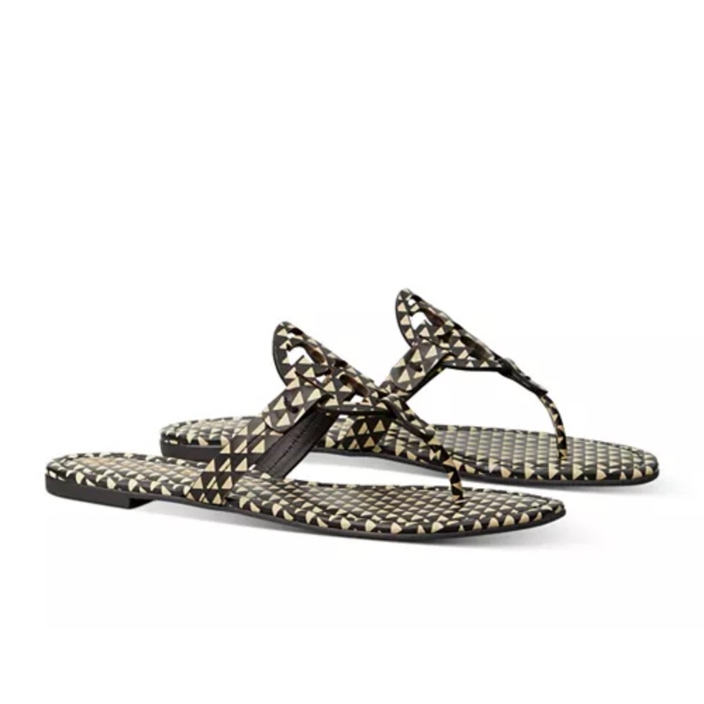 Tory Burch women’s size 9 black white printed calf hair mullet sandals slip on